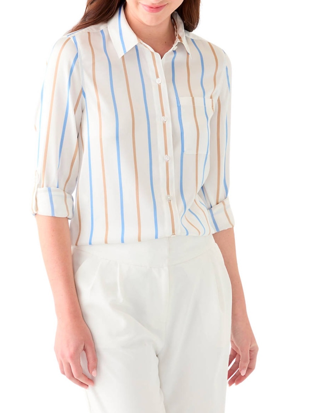 The Limited White satin Button-Up Shirt with Blue & brown Stripes size small